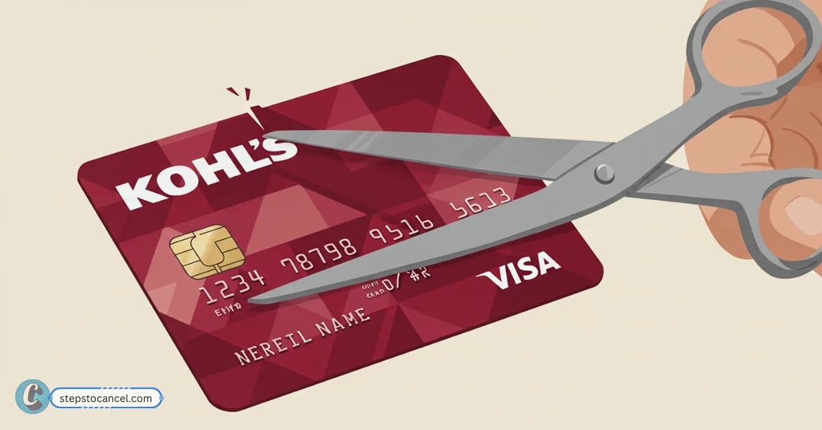 A hand uses scissors to cut a red Kohl's credit card, symbolizing cancellation or closing an account.